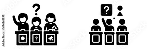 Black and white glyph icon set of a quiz game show competition with contestants at podiums raising hands to answer trivia questions