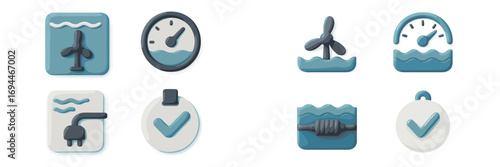 A collection of symbols representing hydroelectric and tidal power, including water turbines, pressure gauges, and renewable energy concepts