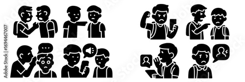 Bullying and harassment glyph icon set showing school conflict, cyberbullying, social aggression, and peer pressure
