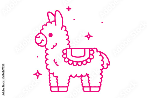 Whimsical pink llama standing with decorative saddle surrounded by stars and dots