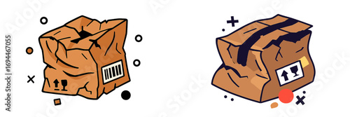 Damaged cardboard shipping boxes with barcode and fragile symbols representing delivery problems and logistics industry concepts
