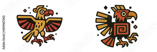 Set of stylized Aztec eagle symbols with traditional tribal patterns and geometric ornaments isolated on a white background