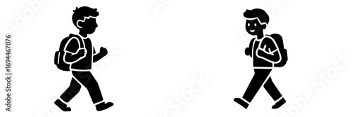 Black silhouette icon of a young student boy with a backpack walking to school, isolated on a white background