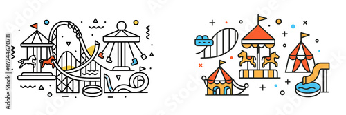 Amusement park and carnival line icons set with roller coaster, carousel, and circus tent graphic elements isolated on white