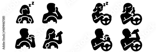 Set of black silhouette icons showing distracted and drowsy driving behaviors like sleeping, yawning, eating, and drinking behind the wheel