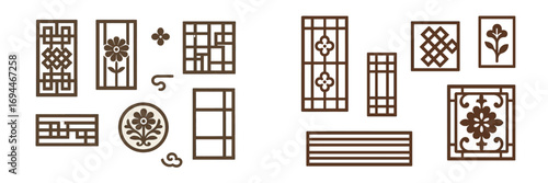 Traditional Korean window and door patterns with geometric and floral ornaments, a collection of Asian architectural design elements isolated on white