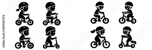 Black silhouette icon set of children with safety helmets riding bicycles, balance bikes, and scooters for outdoor fun and recreational activity