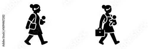 Silhouette of a working mother carrying a baby and a briefcase, a parent balancing career and family life, representing modern motherhood and professional responsibilities