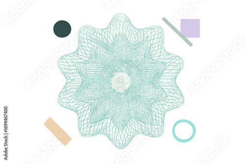 Complex guilloche rosette pattern with abstract geometric shapes on a white background for security documents like certificates or currency