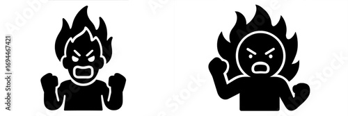 Set of angry person icons with flaming hair representing rage and frustration, black and white glyph symbol for intense emotion and stress