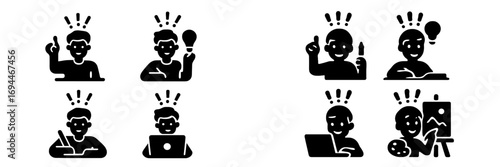 Creative process and inspiration with black silhouettes of people having ideas, studying, painting, and working on a laptop