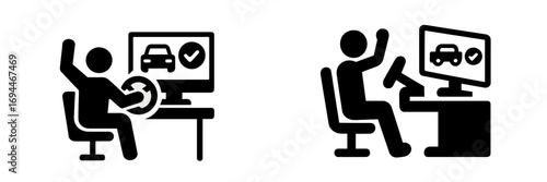 Driving school simulator icon set for passing an online exam or test with a person celebrating at a computer
