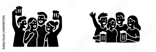 Group of friends celebrating with beer mugs black glyph icon set for social gatherings and parties, happy people cheering at a pub or festival