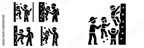 Black glyph icons of children learning to rock climb with an adult instructor on a bouldering wall for sport and recreation