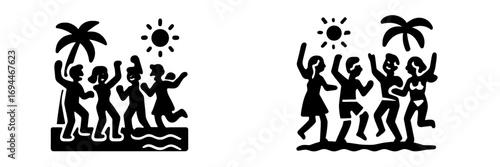 Diverse group of happy people dancing and celebrating on a tropical beach with a palm tree and bright sun