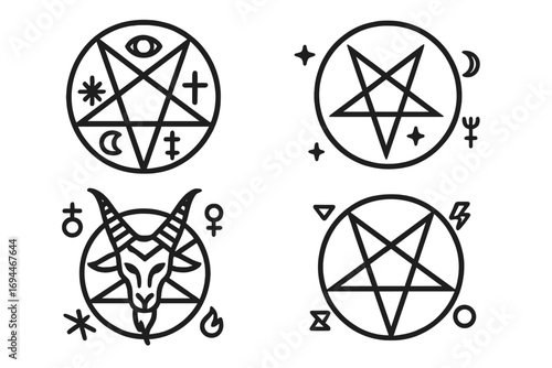 Mystical pentagram symbols collection with esoteric iconography, Baphomet goat head, and magical elements for spiritual and occult design