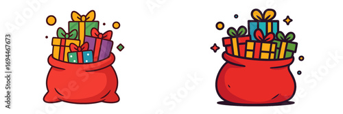 Two vibrant red gift bags filled to the brim with colorful wrapped presents and decorative ribbons for a festive celebration