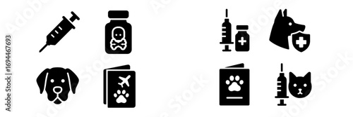 Pet vaccination and veterinary care glyph icon set for animal health, poison control, and international travel passport