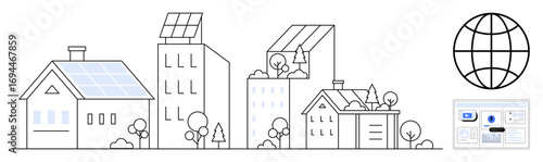 Houses and buildings with solar panels, trees, globe symbol, and digital interface concept. Ideal for sustainability, renewable energy, ecology, green technology, smart cities innovation