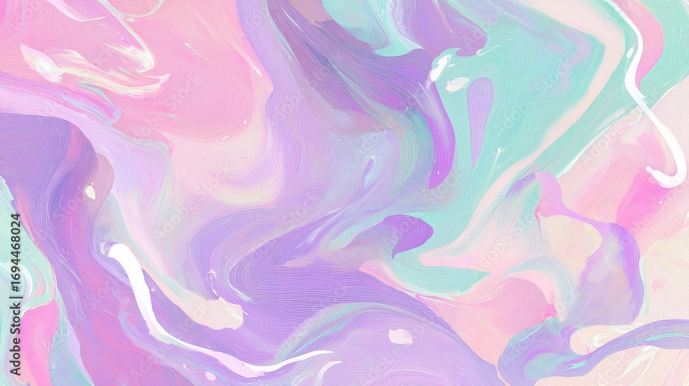 Fototapeta premium Liquid pastel paint in pink, lavender, and mint tones with smooth flow, dreamy abstract texture, and high-resolution modern wallpaper