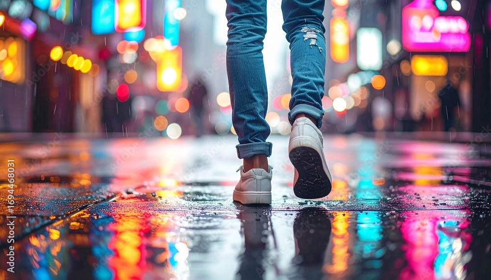 Fototapeta premium Urban Lifestyle Legs – Casual Sneakers on Wet City Street with Neon Reflections