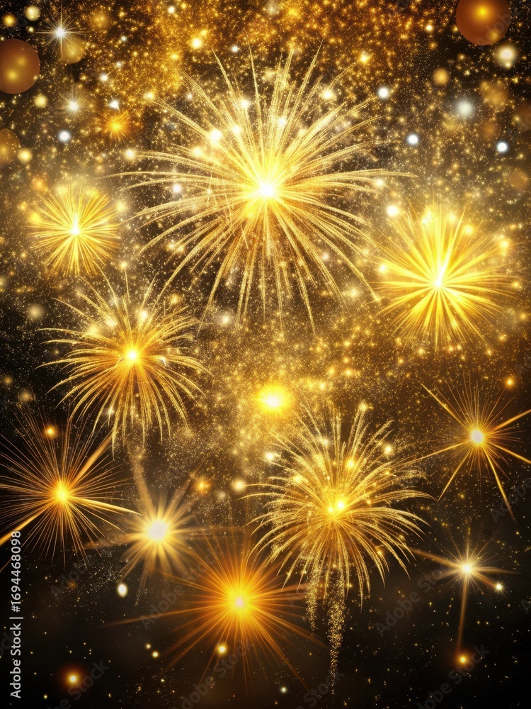 Obraz premium Sparkling gold fireworks exploding in a dark night sky with glitter and starlight effects