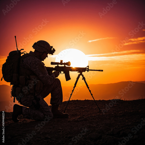 Silhouette of a soldier aiming a rifle with scope, kneeling on the ground, dramatic