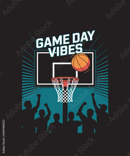 Basketball T-shirt design, basketball player silhouette, slam dunk, dribbling, sports typography, retro vintage basketball artwork, streetwear graphic design, trendy athletic apparel vector art