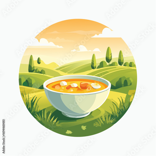 Bowl of Soup in Idyllic Rural Landscape