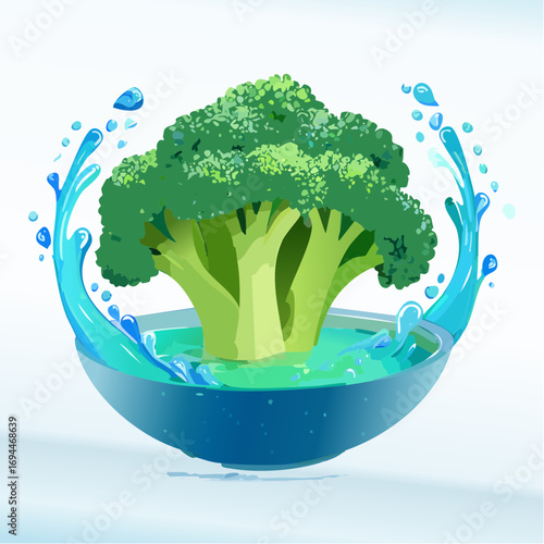 Fresh Green Broccoli in Water Bowl Splash