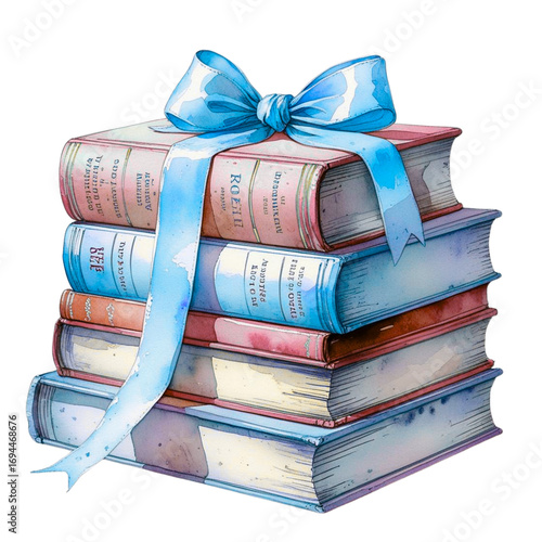 Watercolor Blue and Pink Books with Blue Bow