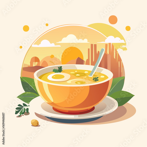 Golden Bowl of Soup with Egg and Desert Landscape