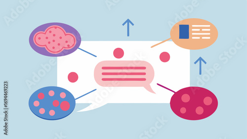 Cell Communication A vector showing communication between exosomes and skin cells with dialogue bubbles or arrows representing messages being sent to initiate collagen production.