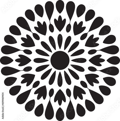 Elegant black and white mandala design for creative projects.This symmetrical mandala design features intricate, repeating patterns of stylized floral elements radiating outward from a central point.