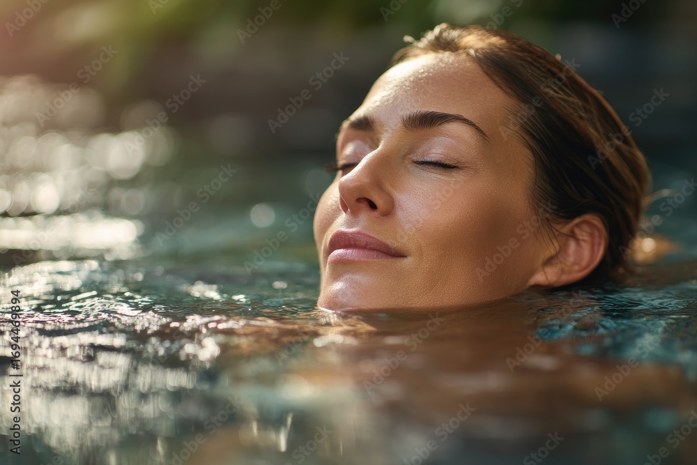 Obraz premium Woman floating peacefully in spa pool with glowing skin and closed eyes, perfect for wellness, skincare, beauty, relaxation, health, and luxury lifestyle design concepts