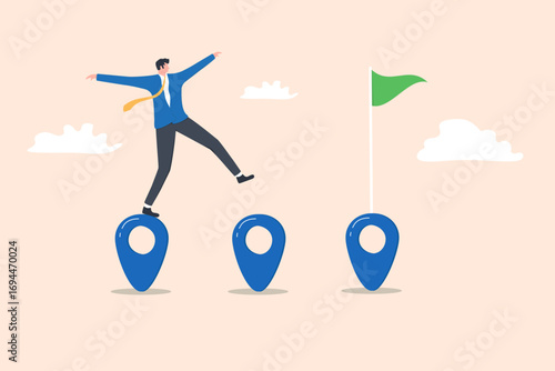 Businessman Jumping Across Map Location Pins Toward Final Flag, symbolizing journey, milestones, and achieving business goals.