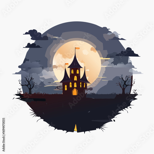 Spooky haunted castle silhouette under a giant full moon on a dark, eerie night