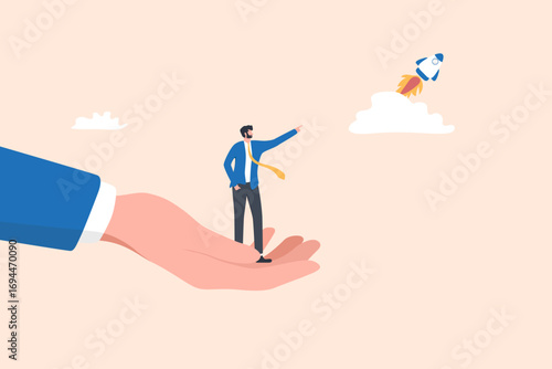 Businessman Standing on Giant Hand Pointing at Flying Rocket, symbolizing support, vision, and ambition toward success.