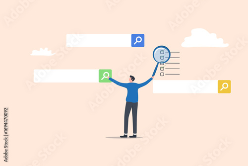 Businessman Holding Magnifying Glass with Search Bars and Checklist, symbolizing research, analysis, and decision making in business.