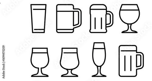 Assortment of drink glasses including beer mugs wine glasses and shot glass vector illustration