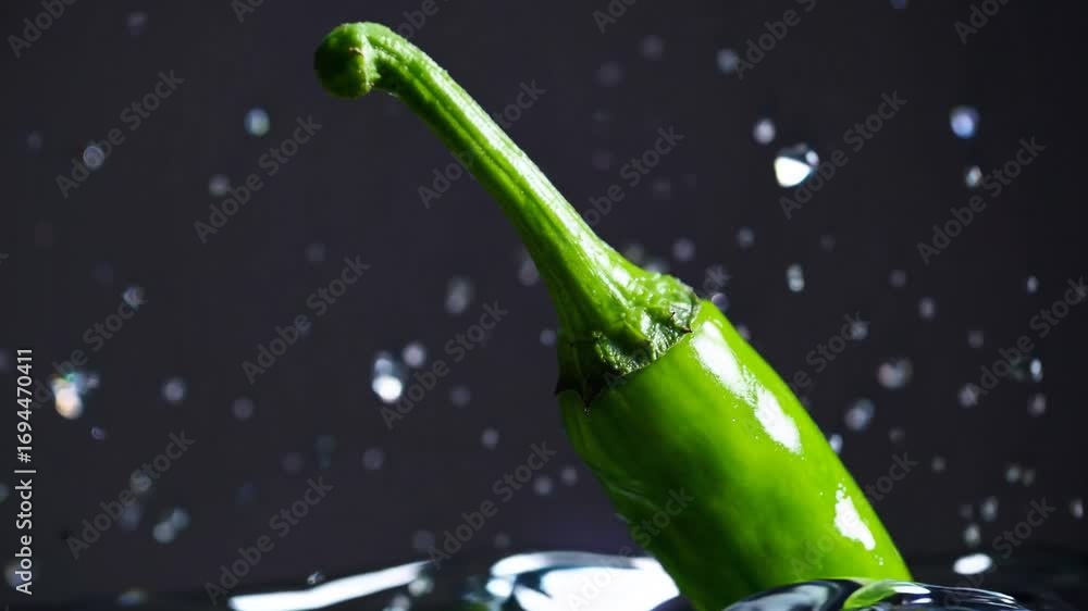 Green chili splashes into water creating a dynamic visual display