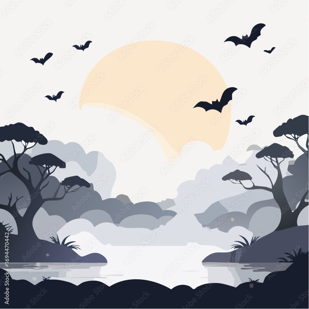 Naklejka premium Mysterious twilight landscape with silhouetted trees and bats flying under a pale moonlit sky