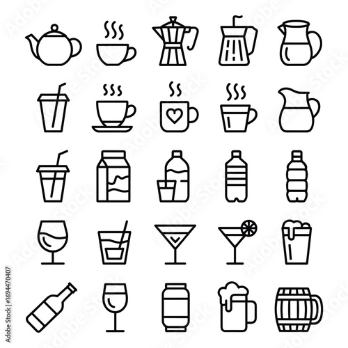 Beverage Icons Set Hot and Cold Drinks and Alcoholic Beverages illustration