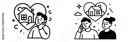 Contrasting line art icons of a happy man dreaming of a new home and a stressed couple worrying about a mortgage or real estate purchase