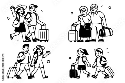 Set of diverse people traveling on vacation including young couples, senior citizens, and children with luggage