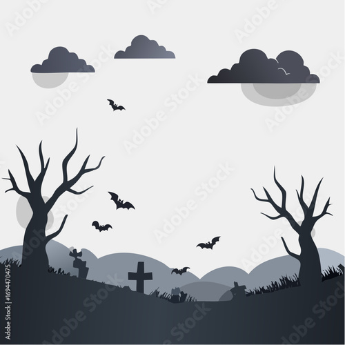 Spooky Halloween graveyard scene with silhouetted bats flying under ominous clouds over bare trees