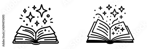 Magic book icon set with open storybook and sparkling stars representing fantasy, imagination, and knowledge