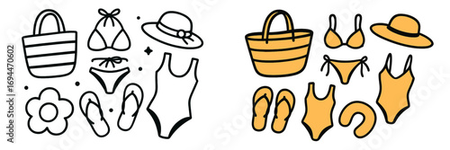Hand-drawn collection of summer beach vacation essentials including a bikini, swimsuit, sun hat, striped bag, and flip-flops
