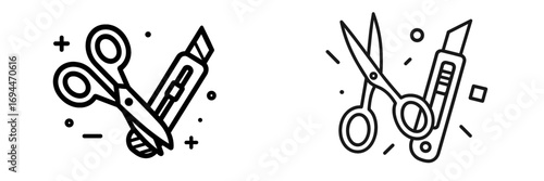 Minimalist line art icon set with scissors and box cutter tools for creative design, crafting supplies, and stationery concepts