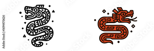 Two stylized Aztec serpents with geometric tribal patterns, ancient mythological Quetzalcoatl dragon symbols